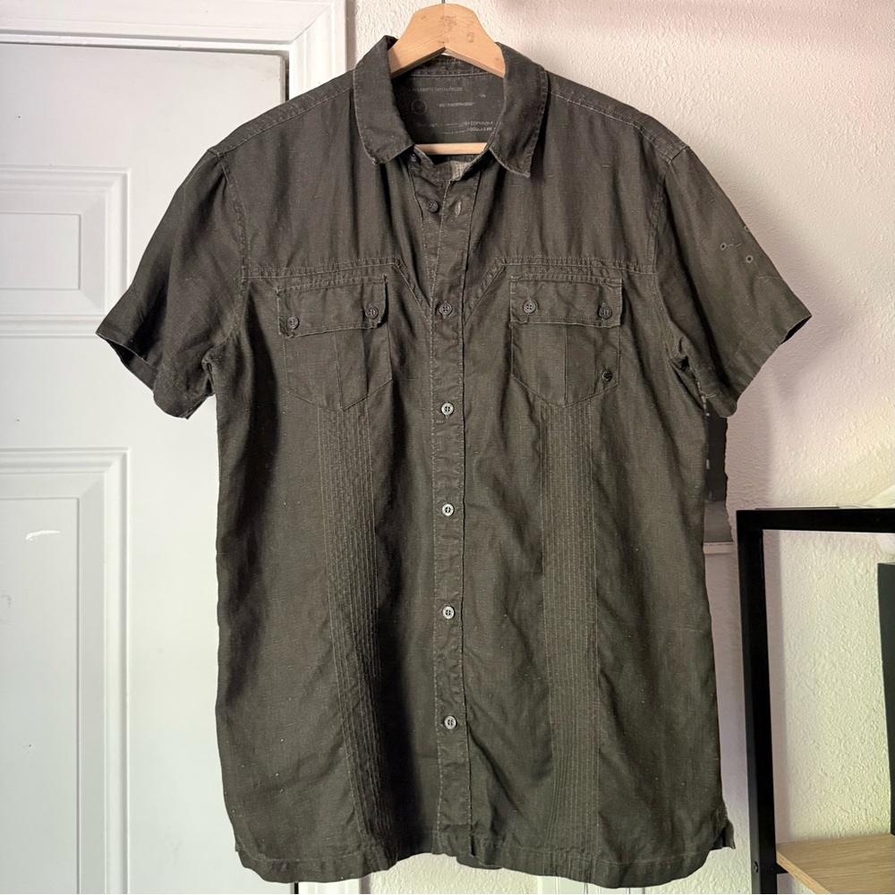 ALLSAINTS men’s grey linen short sleeve‎ button up shirt